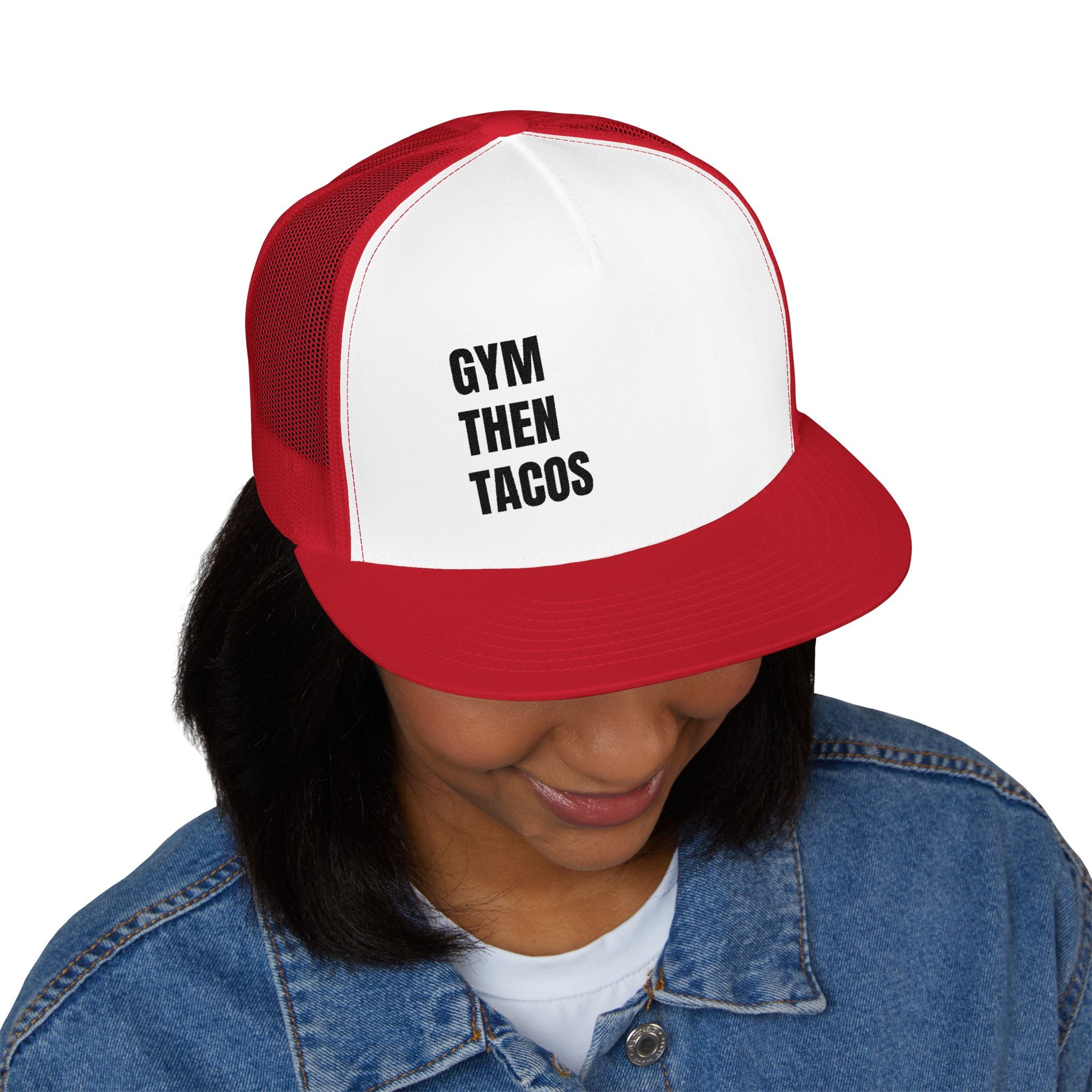 Trucker Cap — "Gym Then Tacos" Embroidered Mesh Snapback