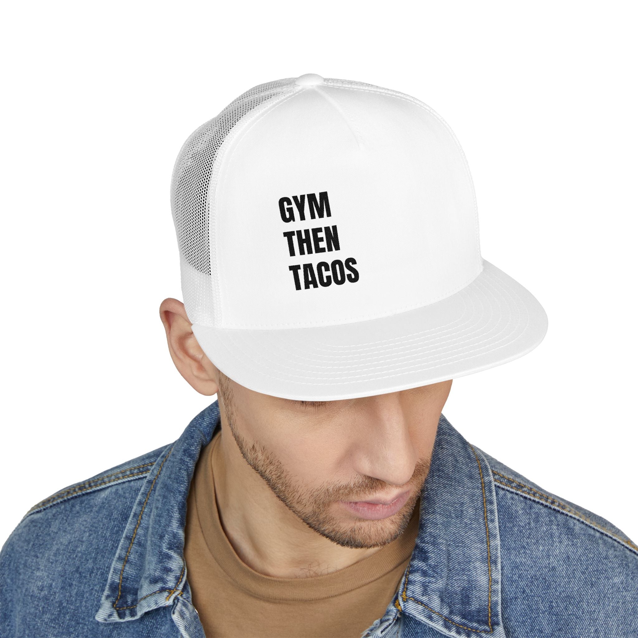 Trucker Cap — "Gym Then Tacos" Embroidered Mesh Snapback