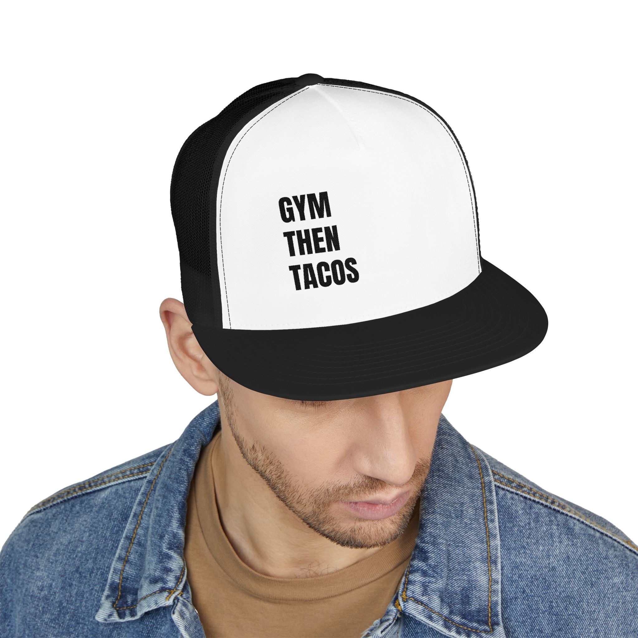 Trucker Cap — "Gym Then Tacos" Embroidered Mesh Snapback