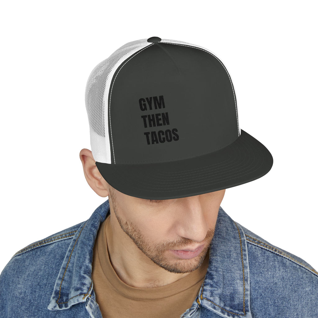 Trucker Cap — "Gym Then Tacos" Embroidered Mesh Snapback