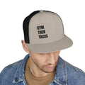 Trucker Cap — "Gym Then Tacos" Embroidered Mesh Snapback
