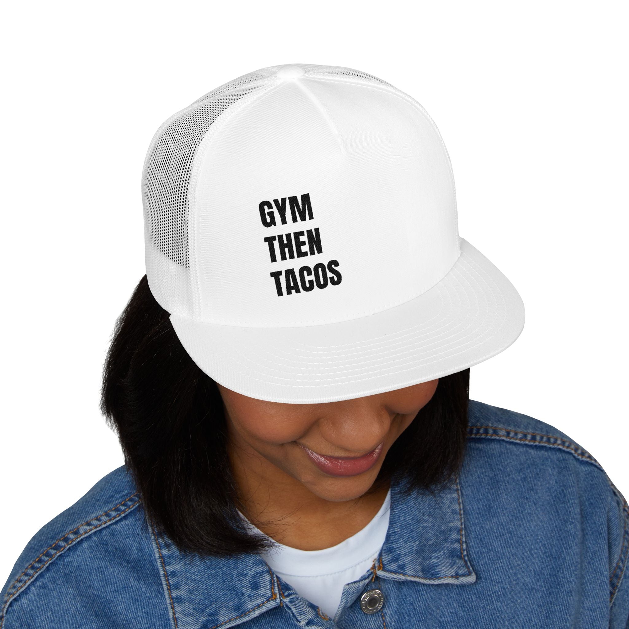Trucker Cap — "Gym Then Tacos" Embroidered Mesh Snapback