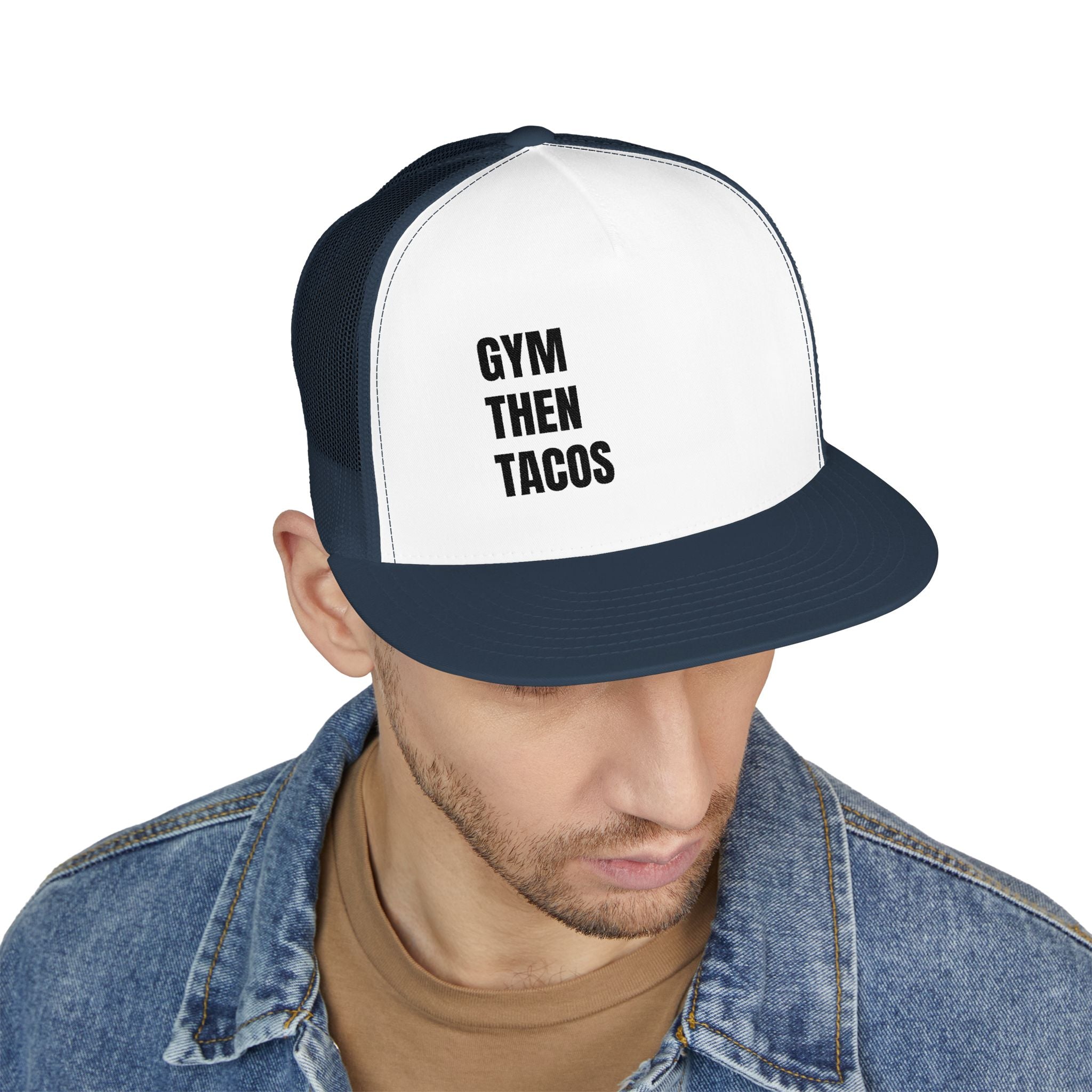 Trucker Cap — "Gym Then Tacos" Embroidered Mesh Snapback