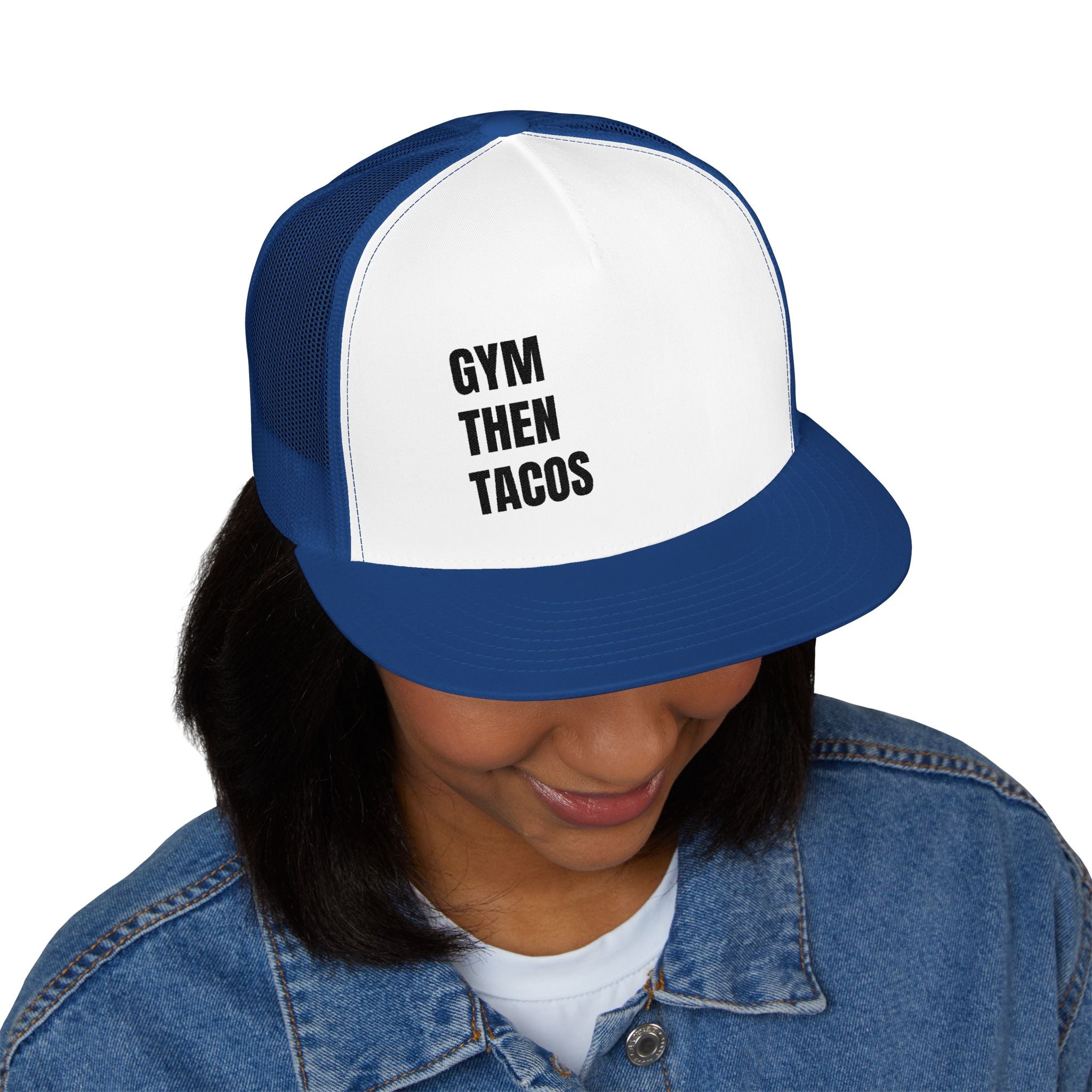 Trucker Cap — "Gym Then Tacos" Embroidered Mesh Snapback