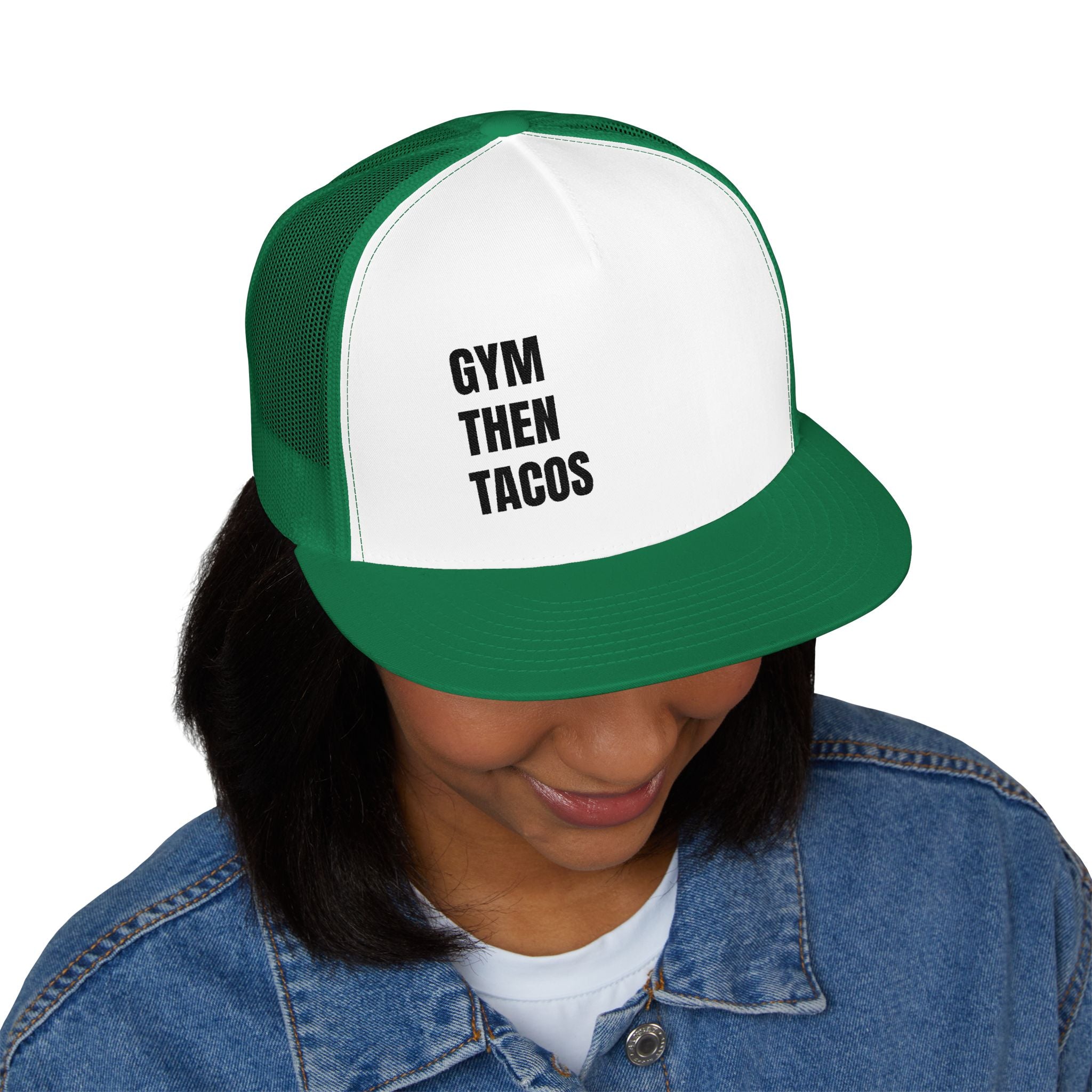 Trucker Cap — "Gym Then Tacos" Embroidered Mesh Snapback